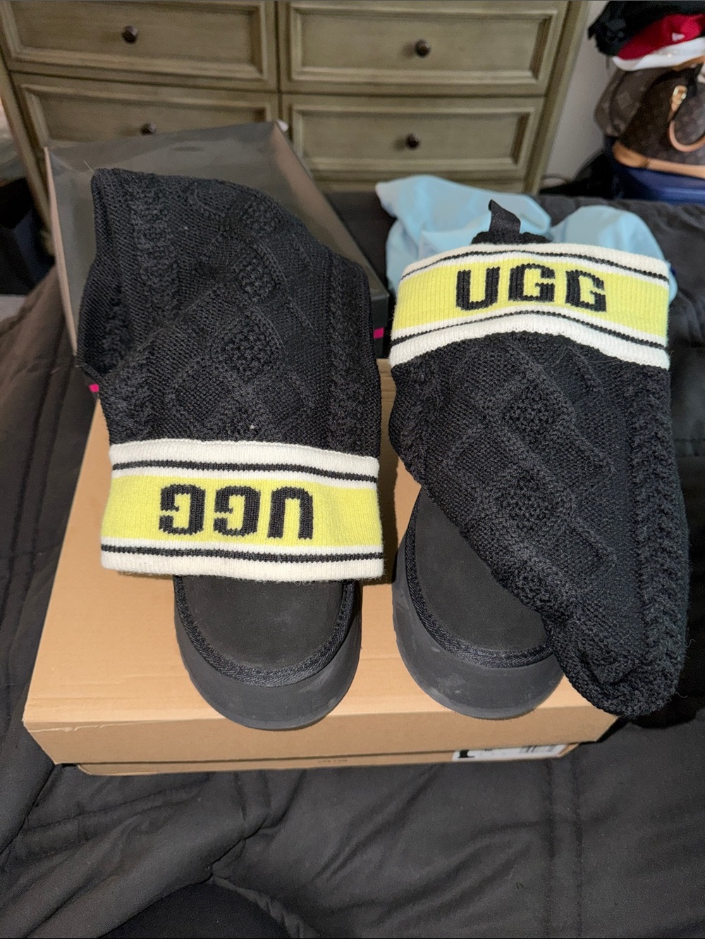 UGG Black Knit Boot Slippers with Yellow Logo Cuff